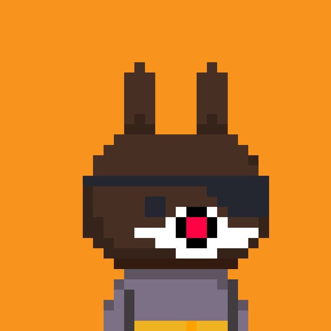 A pixel art image of a brown bunny-like character with a white and pink face and purple overalls on an orange background.