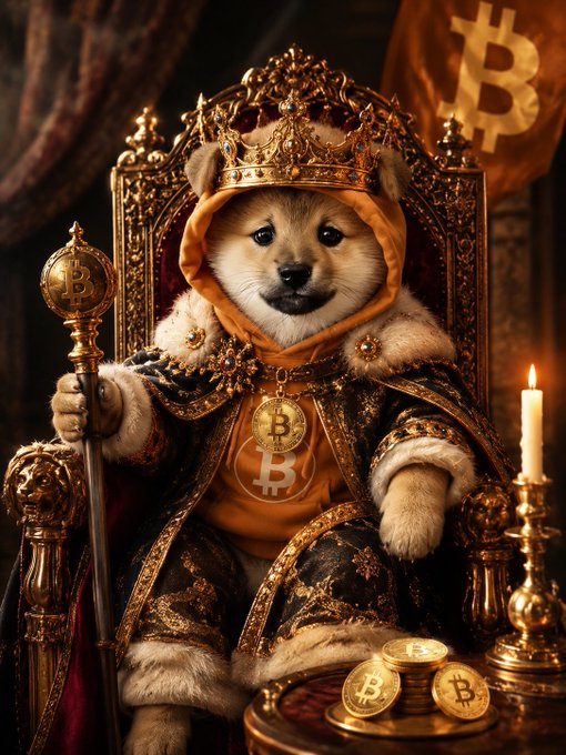 An AI-generated image depicting an adorable puppy dressed as a regal king, wearing an ornate golden crown and royal robes, seated on a throne while holding a scepter with the Bitcoin '₿' logo, surrounded by Bitcoin coins.