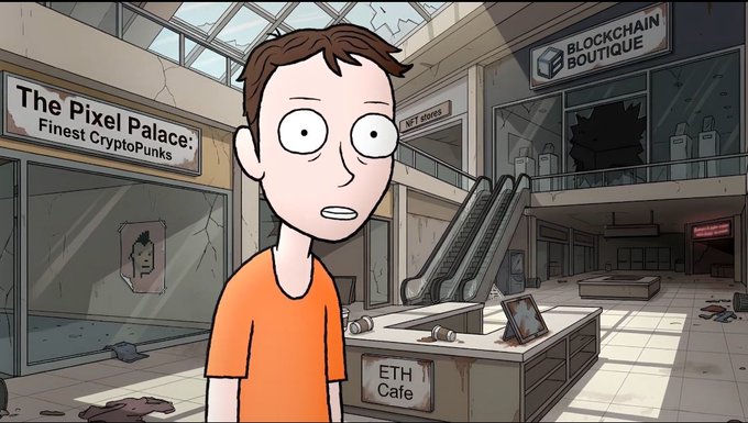 Cartoon scene showing a stunned character in an orange shirt standing in a dilapidated mall with signs reading 'The Pixel Palace: Finest CryptoPunks', 'BLOCKCHAIN BOUTIQUE', and 'ETH Cafe'.