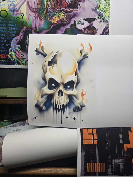An artistic workspace showing a stylized skull tattoo design or artwork on white paper, featuring the skull with flames on its forehead and crossbones, surrounded by other colorful abstract artwork and a rolled-up paper.