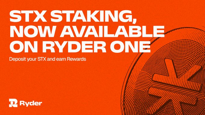 A bold orange promotional graphic in the style of The New York Times logo celebrates the launch of STX staking on Ryder One. The headline reads "STX STAKING, NOW AVAILABLE ON RYDER ONE" with the subtitle "Deposit your STX and earn Rewards," featuring a stylized yen-like bitcoin symbol and the Ryder logo, aligning with the announcement of STX staking going live on the platform powered by The FastPool.