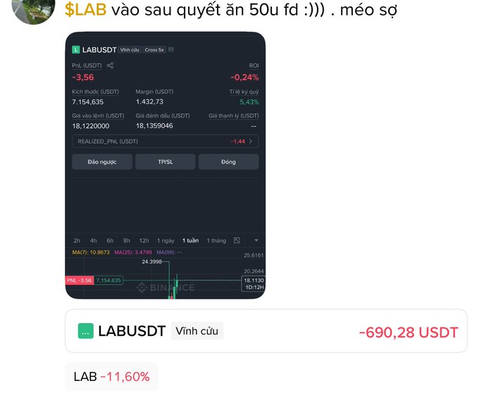 The image shows a Binance futures trading screen for the LABUSDT perpetual contract, displaying an unrealized PNL of -3.56 USDT, an ROI of -0.24%, and a liquidation price marked as "--". Below it, a portfolio summary shows a total loss of -690.28 USDT with LAB down 11.60%, illustrating the trader's "méo sợ" (scared stiff) reaction after a 50% verdict caused the price to drop hard despite no liquidation trigger being visible.
