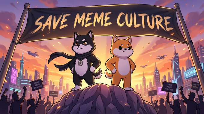 An illustration of two cartoon dog characters (a black-and-white shiba inu in a superhero cape and an orange shiba inu) standing heroically on a rock beneath a banner reading 'SAVE MEME CULTURE,' with a futuristic city and protest crowd in the background.