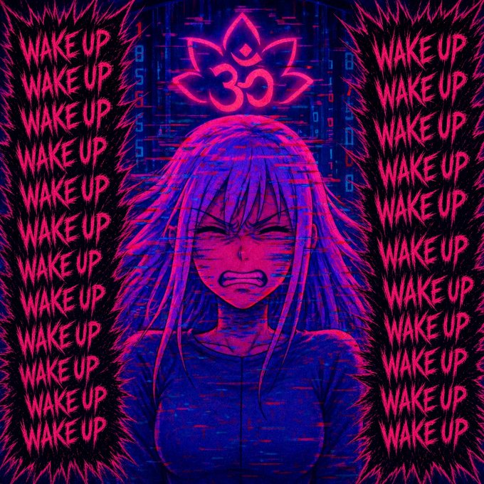 An anime-style illustration of an angry character with pink and purple hair beneath a glowing lotus symbol with an 'ॐ' (Om) character, flanked by repeating pink 'WAKE UP' text on both sides.