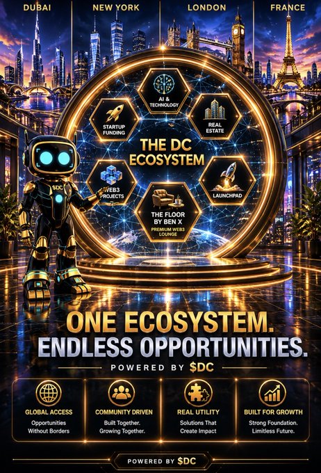 The image features a poster for an event called "The DC Ecosystem". The poster includes a robot, which appears to be a character from the movie "Back to Tomorrow", standing next to a city skyline at night. The poster also contains information about the event and its sponsors, including details such as the name of the event, the location (New York), and the sponsor's name (DC).