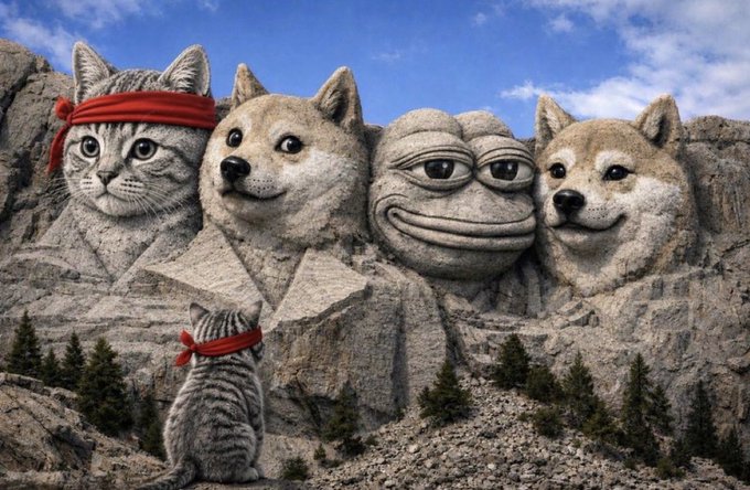 The Mount Rushmore monument edited to feature the faces of internet meme cats and dogs.