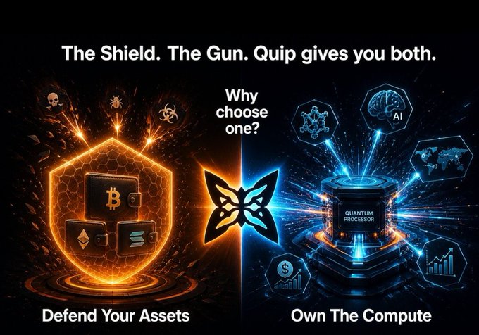 An advertisement stating 'The Shield. The Gun. Quip gives you both,' illustrating digital asset defense on the left and AI quantum processing on the right.