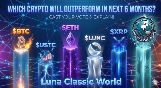 The image features a poster with six different cryptocurrency symbols, including Bitcoin, Etherium, Ripple, Luna Classic World, XRP, and Btc. The poster also includes text that reads "which crypto will outperform in next 6 months? Cast your vote & explain!". This suggests that the poster is promoting an event or campaign related to cryptocurrency, possibly encouraging people to participate by casting their votes for which cryptocurrency they believe will perform better in the future.

The image is predominantly blue and purple, with some white text elements scattered throughout. The colors used are mainly blue, purple, and white, creating a visually striking contrast against each other.