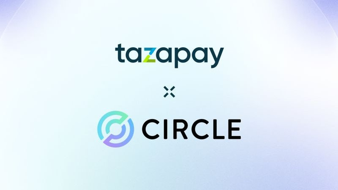 The image displays a partnership graphic featuring the "tazapay" logo (with a stylized "z" in blue and green) above an "X" symbol and the "CIRCLE" logo (with its distinctive gradient circular icon), visually representing Circle's announced acquisition of Singapore-based B2B payments infrastructure company Tazapay.