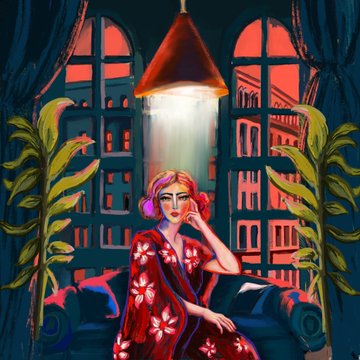 A digital illustration of a woman with pink headphones and a red floral robe sitting on a couch by a window, illuminated by a hanging lamp against a cityscape at sunset.