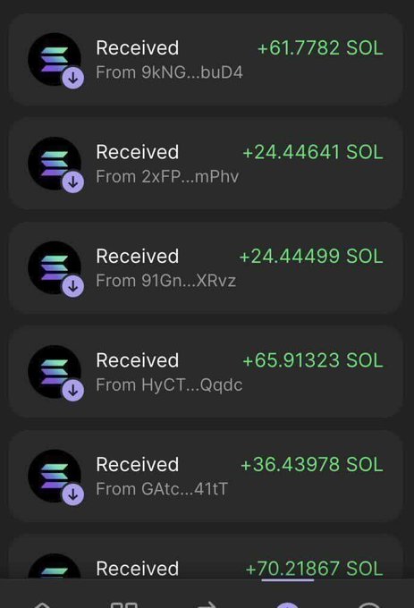 A screenshot of a Solana wallet showing multiple "Received" transactions of various SOL amounts from different addresses, used as "proof" in a crypto giveaway scam promising free $SOL in exchange for likes, retweets, and follows.