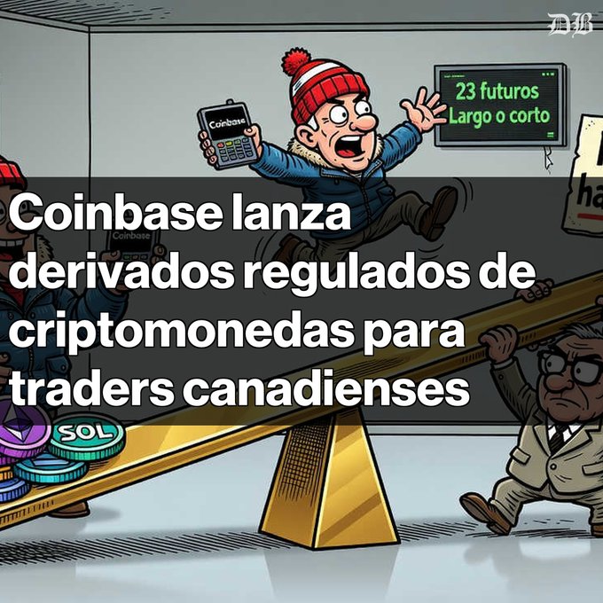 A cartoon shows a character jumping with a Coinbase calculator, with text reading 'Coinbase lanza derivados regulados de criptomonedas para traders canadienses' and a screen showing '23 futuros Largo o corto'.