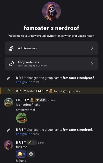 A group chat screenshot titled 'fomoater x nerdroof' showing messages from BREY and FROSTY, including group name changes and playful banter about mispronouncing 'nerdroof'.