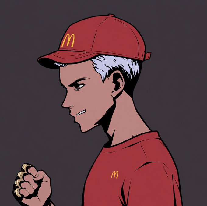 An anime-style illustration of a young man wearing a red McDonald's cap and red shirt, holding a burger in his clenched fist with a determined expression.