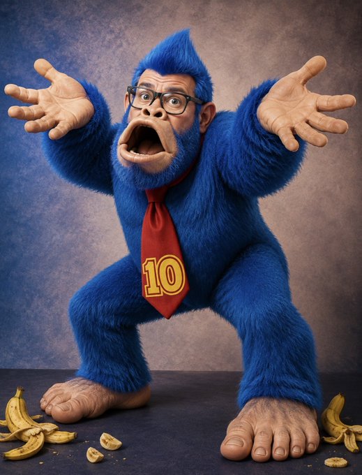A digital artwork or AI-generated image of a shocked blue gorilla-like creature wearing glasses and a red tie with the number '10', standing among scattered banana peels.