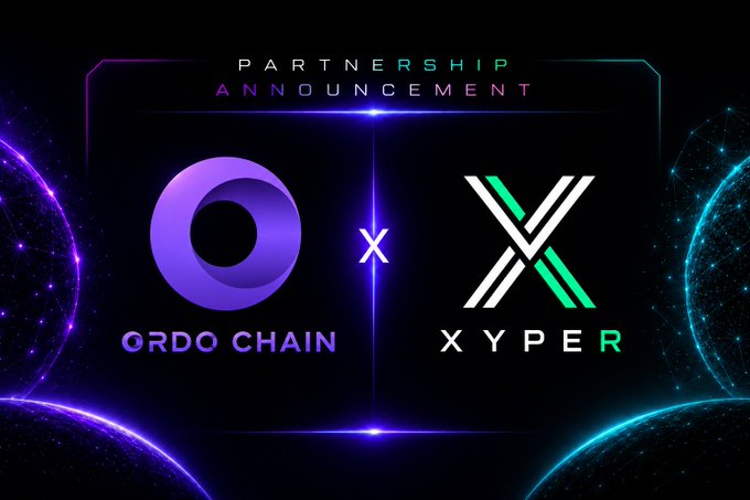 A digital partnership announcement graphic featuring the logos for 'ORDO CHAIN' and 'XYPER' with an 'X' between them, set against a dark background with glowing purple and blue sphere elements.