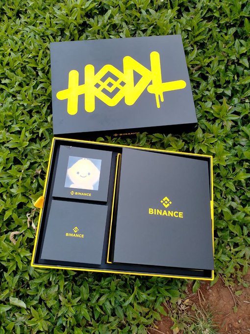 An opened Binance merchandise box rests on grass, featuring yellow 'HODL' graffiti-style text on the lid and branded items inside.