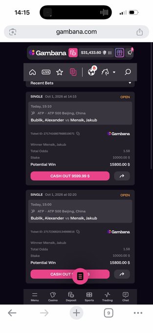 A screenshot of gambana.com showing two open single bets dated October 1, 2026, on a match between Bublik, Alexander vs Mensik, Jakub (ATP 500 Beijing, China), each with 10,000 $ stakes and a potential win of 15,800 $, with a cash out option of 9,599.99 $ displayed. The image illustrates the post's claim of a major bet on this match, though the specific "ML -160" odds and $20,000 wager mentioned in the caption are not fully visible in the screenshot.