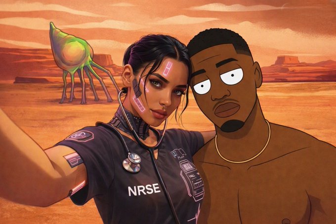 An illustration depicting a cyberpunk-style female character labeled 'NRSE' taking a selfie with a male character, set against a desert landscape with a four-legged robotic creature in the background.