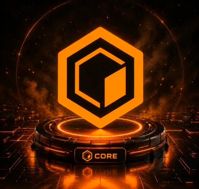 A digital artwork featuring an orange hexagonal CORE logo hovering above a glowing circular platform against a dark, fiery background.