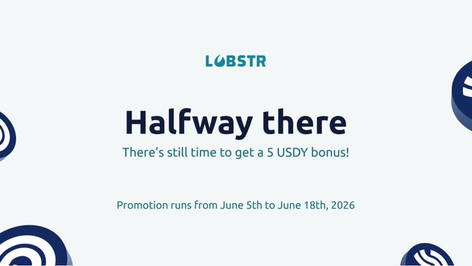 The image features a white background with blue text that reads "Halfway there! There's still time to get a USDY bonus!" The text also includes details about the USDY Swap Campaign, which runs from June 5th through June 18th, 2016 and offers users the opportunity to join, swap tokens for 10+ USDY, and receive a 5 USDY reward.