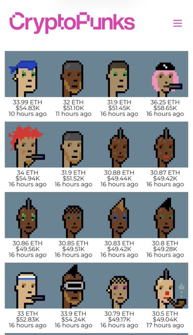 The image displays a listing of various pixel art style portraits of punks, including different hair colors and costumes with corresponding descriptions about each individual's appearance. The website also provides details such as the cost per hour, which can be viewed by scrolling down or right-clicking on any item to reveal its price. Additionally, there is a section that discusses the value of these pixel art portraits at different times in the past, likely indicating an interest in investing in such artwork. It appears that punks have gained popularity for their unique style and the art they create using pixelated illustrations.
