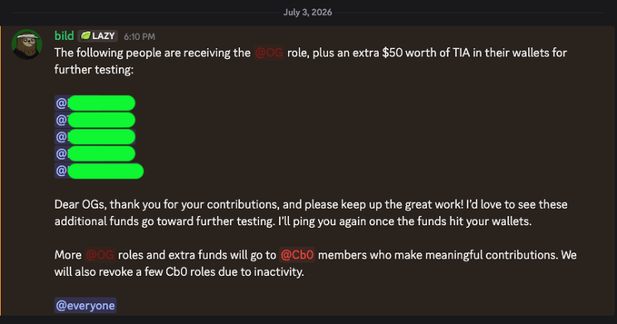 A Discord message from user "bild" (LAZY) dated July 3, 2026, announces that five users (names redacted in green) are receiving the @OG role plus an extra $50 worth of TIA for further testing. The message thanks OGs for their contributions and indicates more @OG roles and funds will be distributed to @Cb0 members, which aligns with the post noting the testers are working on mainnet TIA.