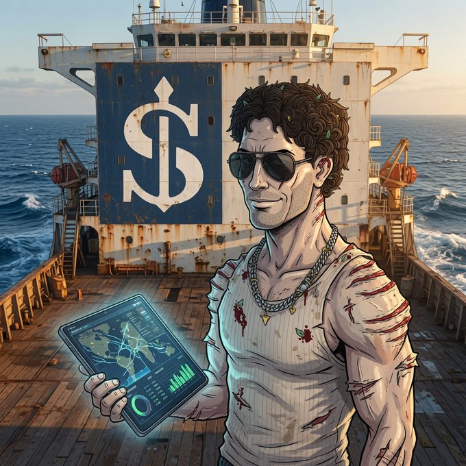 A stylized illustration of a scarred man in sunglasses and a torn shirt holding a glowing tablet with a map and charts, standing on a ship's deck with a large dollar sign painted on the hull behind him.
