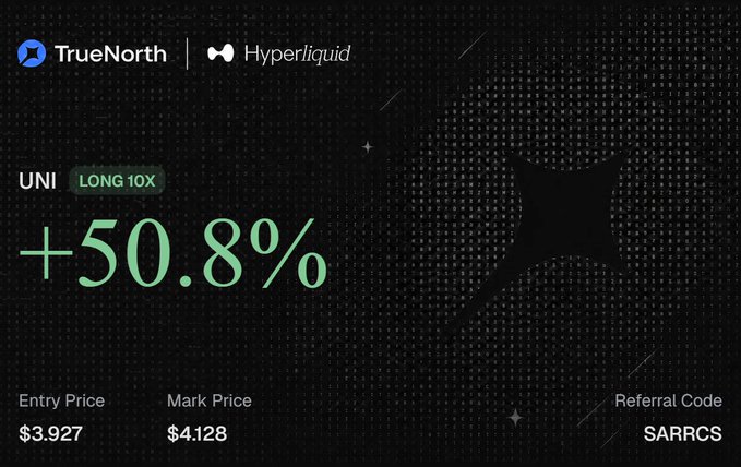 A trading performance card for TrueNorth x Hyperliquid showing a UNI LONG 10X position with a +50.8% return, entry price of $3.927, mark price of $4.128, and referral code SARRCS.