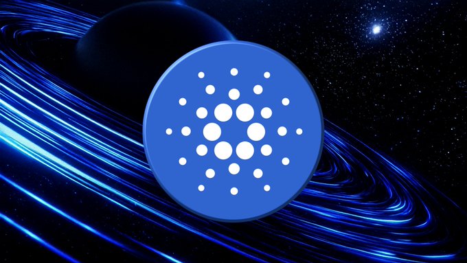The Cardano (ADA) cryptocurrency logo displayed as a blue circle with a dotted pattern against a stylized cosmic background featuring a black hole and swirling light streaks.