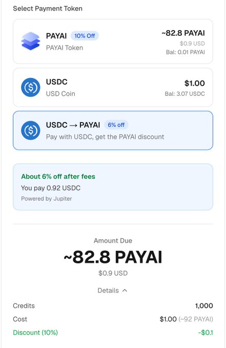 Payment selection screen showing options to pay ~82.8 PAYAI with USDC, including a 6% off option to pay with USDC for the PAYAI discount, powered by Jupiter.