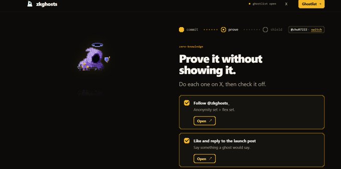 A dark-themed webpage from zkghost's Ghostlist campaign showing a 'commit > prove > shield' workflow with the heading 'Prove it without showing it' and tasks like following @zkghostz on X.