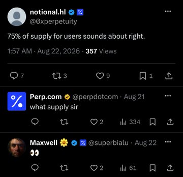 A Twitter/X thread showing a post by @0xperpetuity stating "75% of supply for users sounds about right" in response to @perpdotcom's question "what supply sir," followed by @superbialu's response "🥶🥶" — highlighting community reaction to Perp dot com's token allocation announcement.