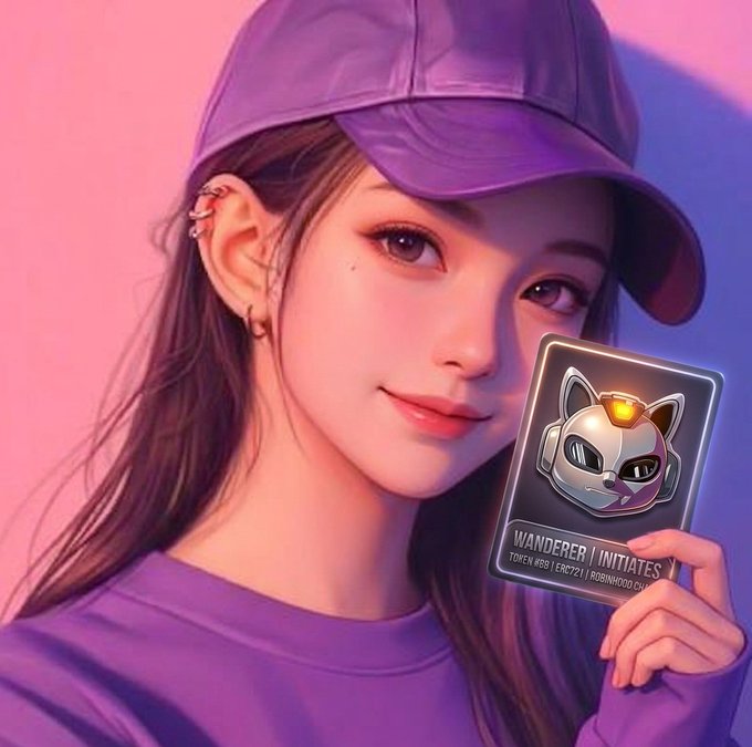 An illustrated young woman wearing a purple cap and shirt holds up a glowing card featuring a cat astronaut character labeled 'WANDERER | INITIATES.'