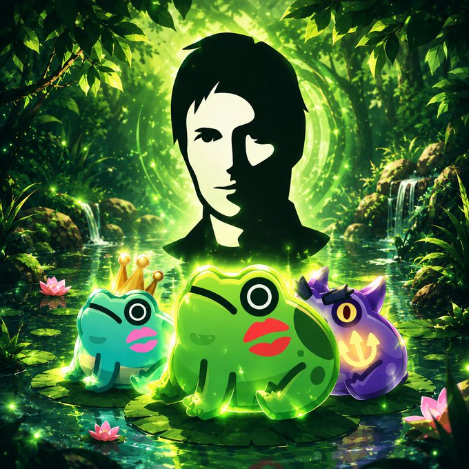 The image features a man standing behind three frog characters, which are described as "foamy" and "glowing." The man appears to be wearing a crown on his head. The background of the image has trees that are green with pink flowers growing alongside them. It is described as a lush, vibrant forest setting, suggesting that it may be located in the middle of a tropical or jungle area.