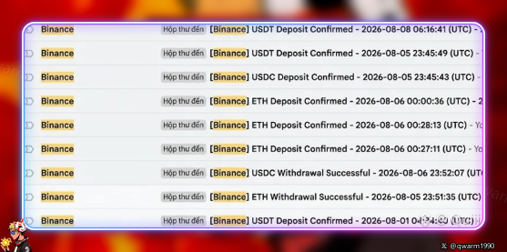 A screenshot of cryptocurrency transaction notifications from Binance, showing multiple confirmed USDT, USDC, and ETH deposits and withdrawals with timestamps from August 5-8, 2026, with a watermark '@warm1990'.