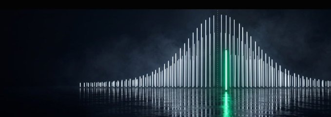 An abstract 3D rendering of vertical white bars forming a mountain-like pattern on a dark reflective surface, with one bar highlighted in glowing green.