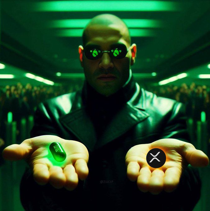 A bald man in sunglasses and a leather jacket holds out two hands, presenting a green glowing pill on one and an orange pill marked with an 'X' (XRP logo) on the other, reminiscent of the Matrix's red/blue pill choice.