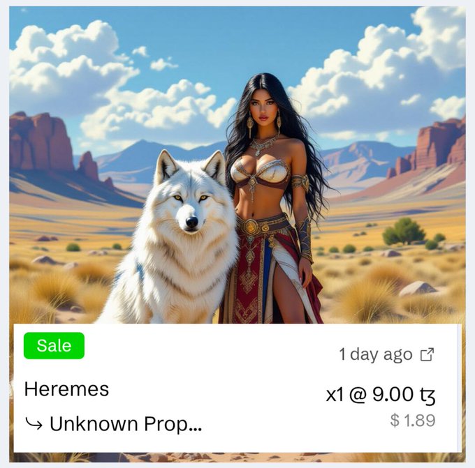 An AI-generated image showing a dark-haired woman in desert attire standing beside a white wolf, with an overlay showing a sale: 'Heremes, x1 @ 9.00 tz, $1.89'.