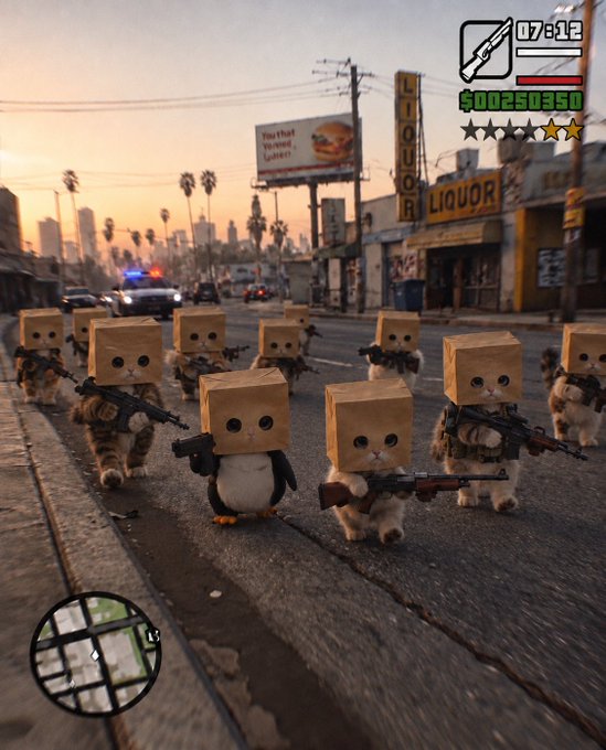 A surreal image styled like Grand Theft Auto: San Andreas ($00250350, 5-star wanted level) shows a group of cats with cardboard boxes on their heads, each wielding firearms on a Los Angeles street near a "LIQUOR" store and "Yum Yum Burgers" billboard. The caption "paper hands out, paper bags in, $ZCAT" plays on the "cat in a box" meme while riffing on crypto slang ("paper hands"), tying the box-headed armed cats to the fictional "$ZCAT" cryptocurrency token.
