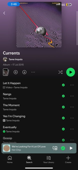 The image shows a Spotify screenshot displaying Tame Impala's album "Currents" (released July 17, 2015) with tracks like "Let It Happen," "Nangs," and "Gossip" queued up, with a Hot Chip song "We're Looking For A Lot Of Love" playing. This appears to illustrate a music listening session shared to promote Envelop, a platform referenced in the caption that likely supports immersive audio experiences for music like these tracks.
