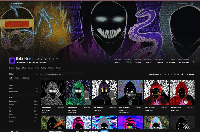 A dark-themed NFT marketplace page for 'Rekt Ink' displays a banner with a creepy smiling mask alongside various digital collectibles priced around $1,761-$3,609.