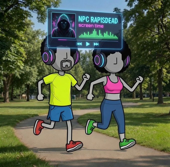 A cartoon-style illustration of two stick-figure characters with headphones jogging in a park, with a holographic music player displaying 'NPC RAPISDEAD - screen time' floating above them.