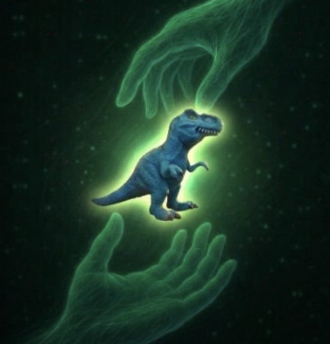 Two ghostly green hands cradle a glowing toy T-Rex in a dark, starry void, symbolizing how scammers manipulate small-cap tokens like FEFER (~$4.6M market cap, ~170K daily volume) by artificially inflating trading activity to lure unsuspecting investors.