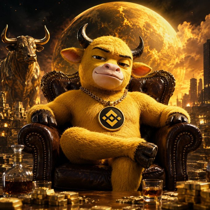 A yellow cartoon bull wearing a Binance (BNB) chain necklace sits on a leather chair surrounded by gold coins, gold bars, and a glass of whiskey, with another golden bull and a large golden moon in the background.