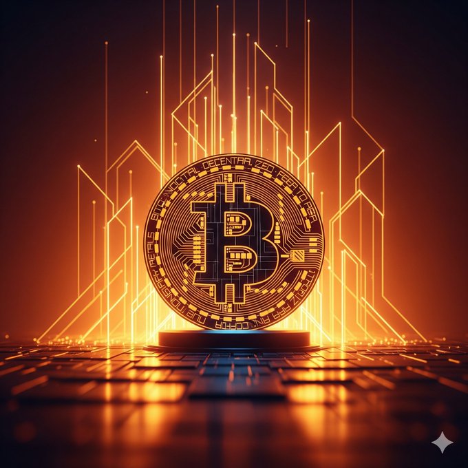 A glowing orange Bitcoin coin stands prominently on a reflective circuit board pedestal, surrounded by rising digital light beams that evoke both technological power and market growth—visually reinforcing the post's message that short-term volatility is merely background noise for those committed to Bitcoin's long-term future.