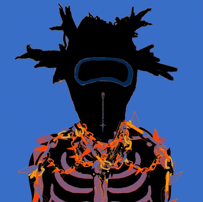 A digital illustration depicts a silhouetted figure against a bright blue background, featuring spiky hair, a VR headset outline, and a glowing zipper, with vibrant orange and yellow chains wrapped around the neck and chest area over a skeletal ribcage design.