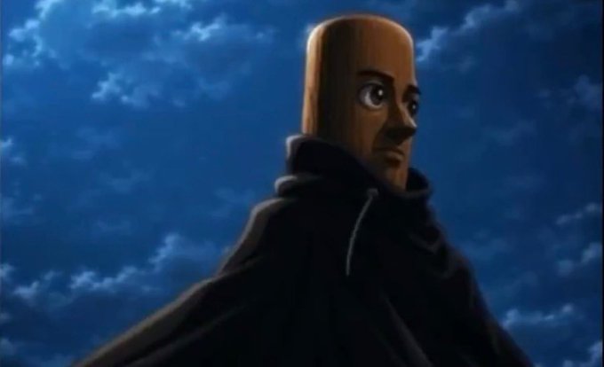 An animated scene showing a bald character in a dark hooded robe looking up against a cloudy blue sky.