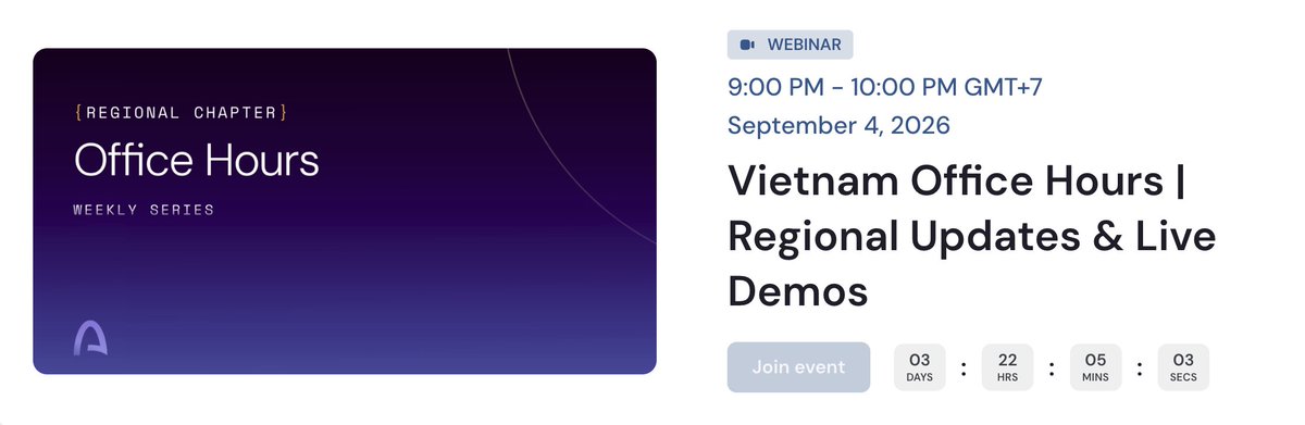 A webinar announcement for 'Vietnam Office Hours | Regional Updates & Live Demos', part of a Regional Chapter Weekly Series scheduled for 9:00 PM – 10:00 PM GMT+7 on September 4, 2026, featuring a countdown timer.