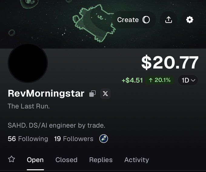 A social media profile for "RevMorningstar" showing a stock price of $20.77 with a gain of +$4.51 (20.1%) over 1D, and a bio reading "The Last Run. SAHD. DS/AI engineer by trade." with 56 Following and 19 Followers.